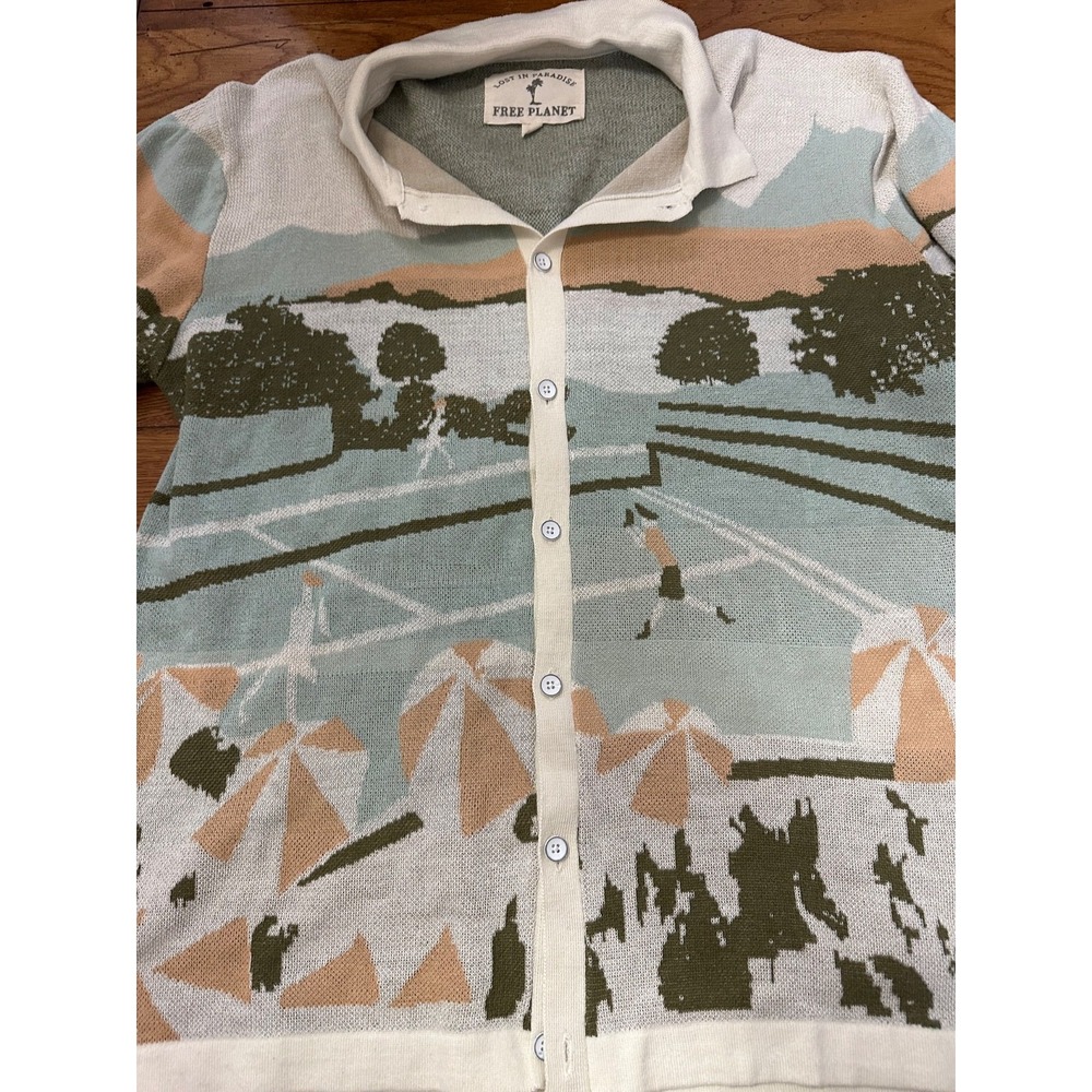 Free‎ Planet "Lost in Paradise" knit polo shirt with a tennis & beach geaphic xl